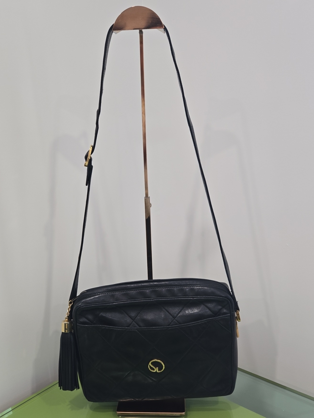 St. John Black Quilted Leather Crossbody Bag with Tassel